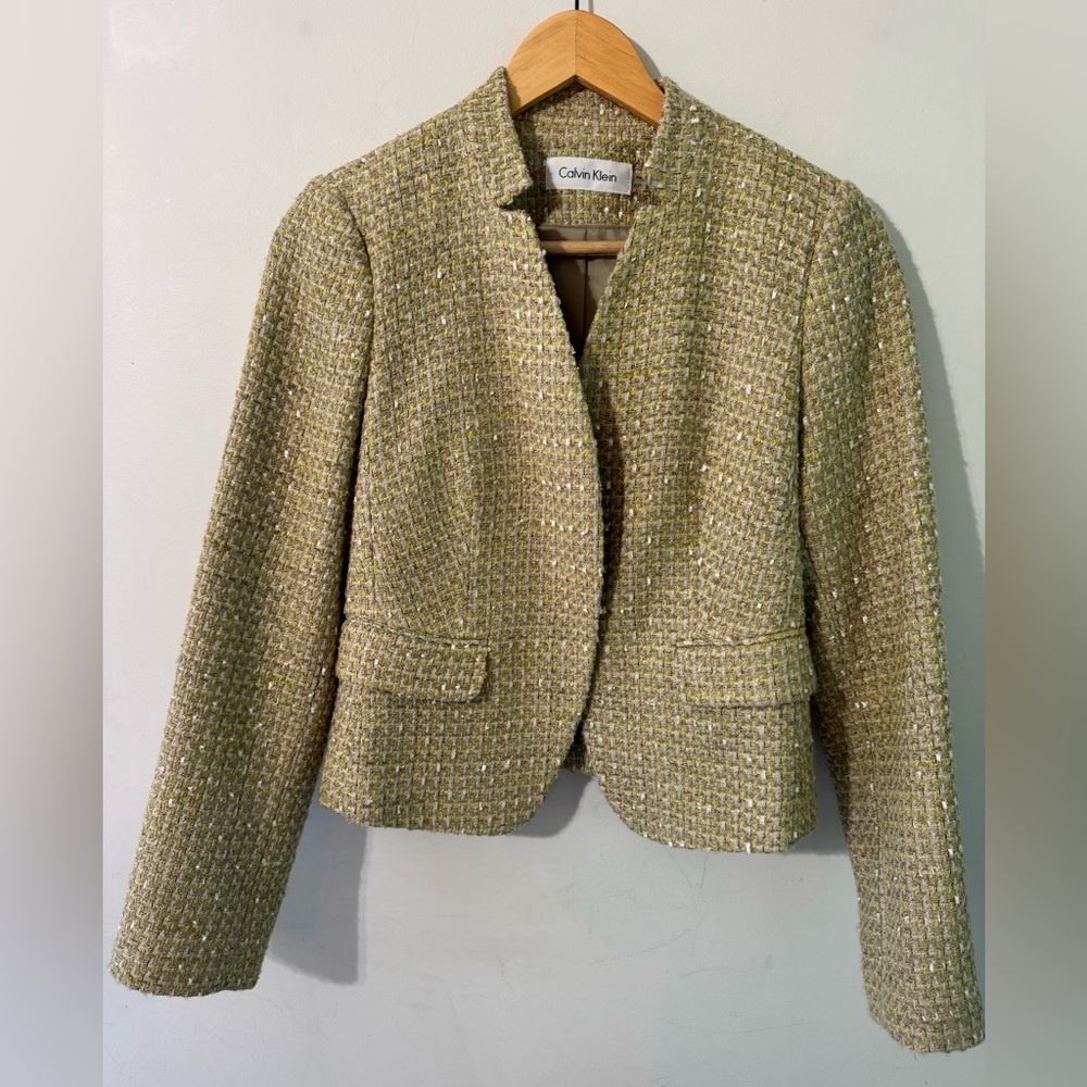 Calvin Klein Women's Metallic gold tanTweed Blazer suit jacket size 6 p petite
